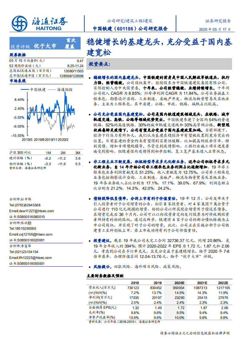 中国铁建-公司研究报告：稳健增长的基建龙头，充分受益于国内基建宽松-200517.pdf 第1页