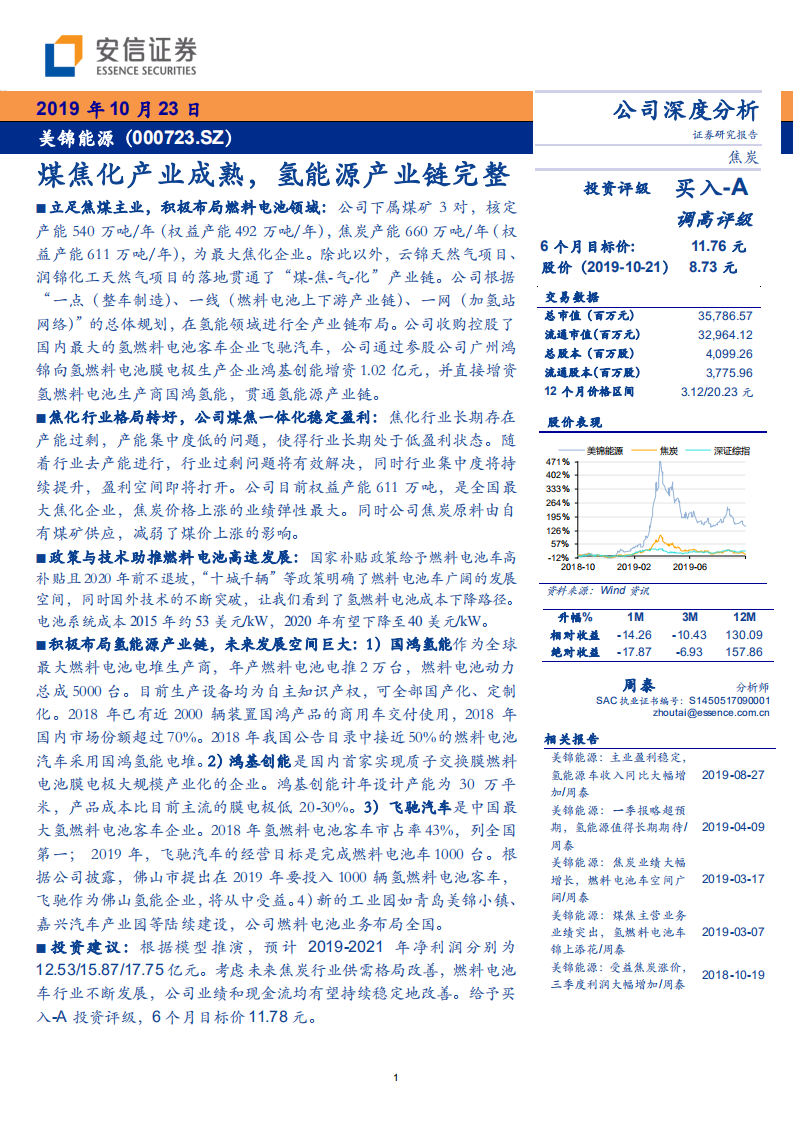 美锦能源-煤焦化产业成熟，氢能源产业链完整-191023.pdf 第1页