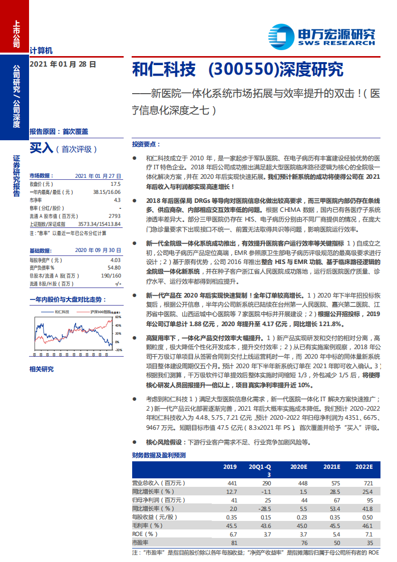 和仁科技-深度研究：新医院一体化系统市场拓展与效率提升的双击！（医疗信息化深度之七）-210128.pdf 第1页