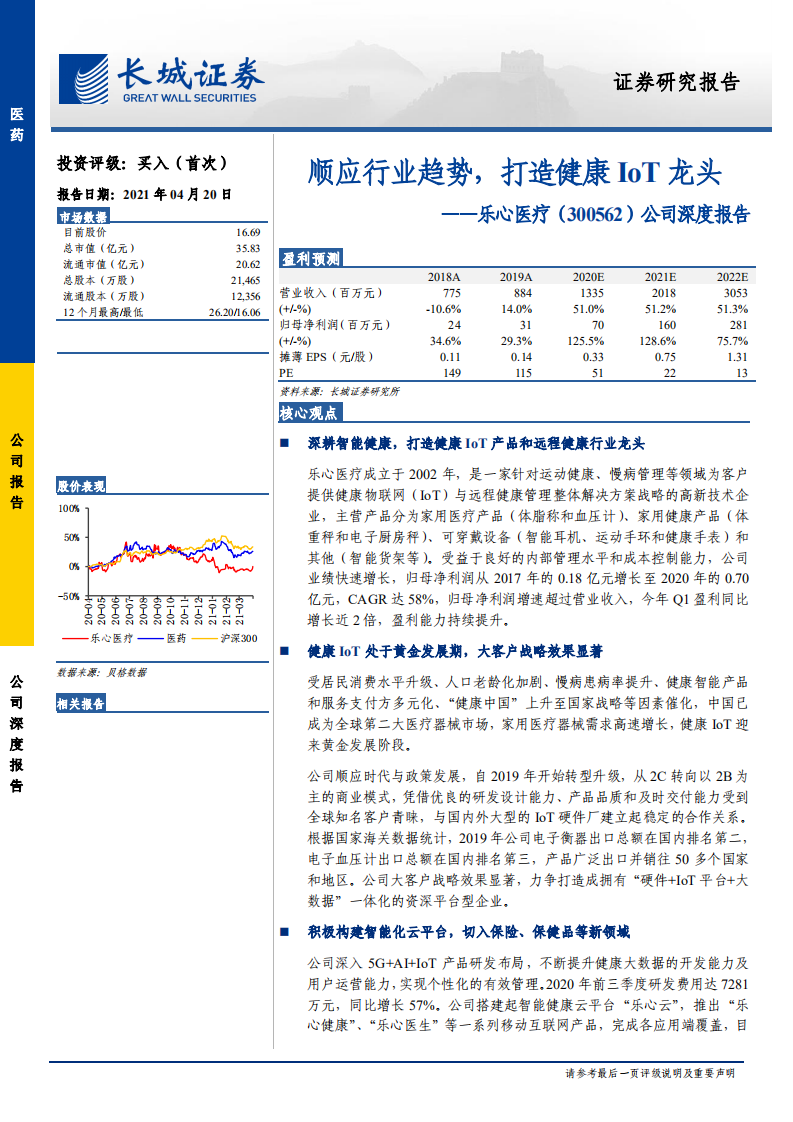 乐心医疗-公司深度报告：顺应行业趋势，打造健康IoT龙头-210420.pdf 第1页