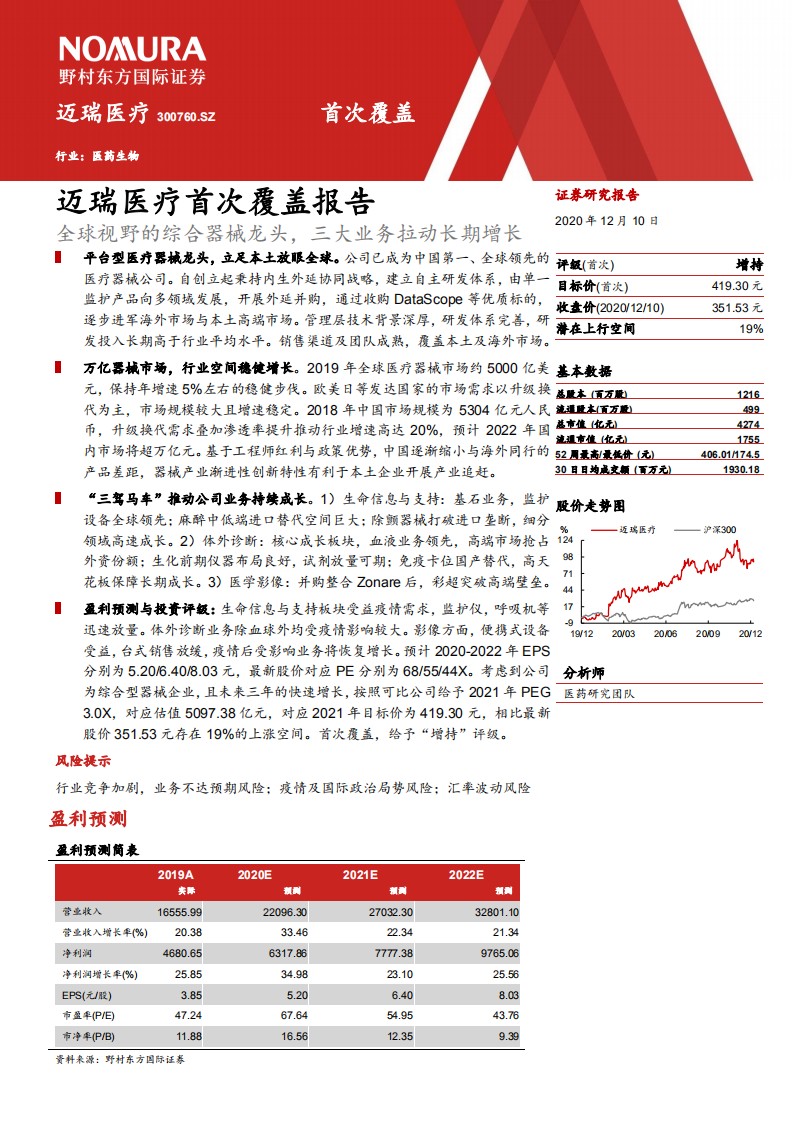 迈瑞医疗--首次覆盖报告：全球视野的综合器械龙头，三大业务拉动长期增长-2020201210.pdf 第1页