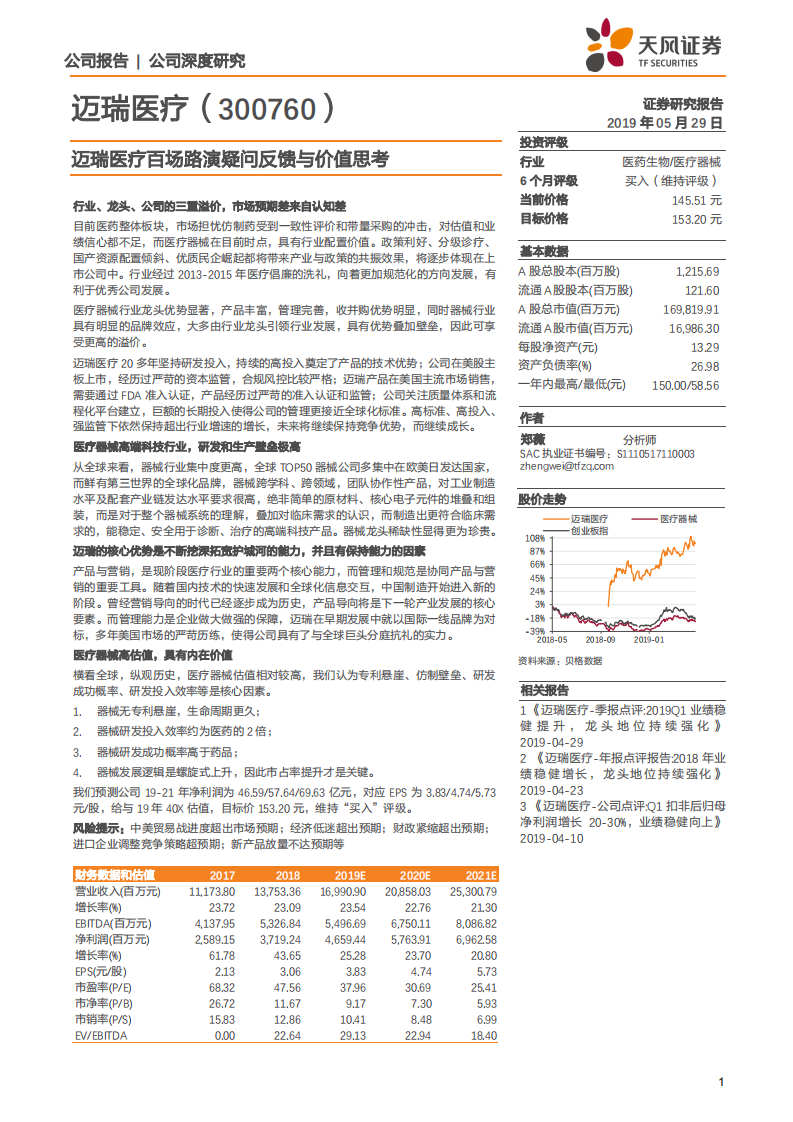 迈瑞医疗-迈瑞医疗百场路演疑问反馈与价值思考-190529.pdf 第1页