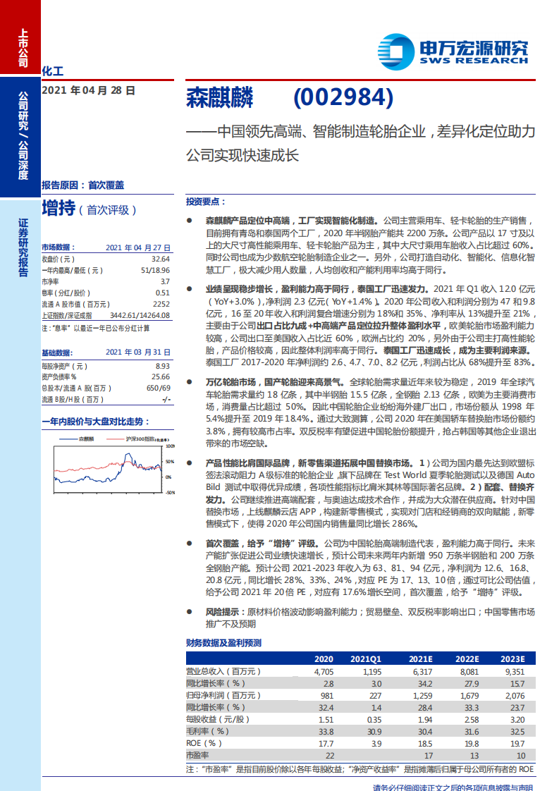 森麒麟-中国领先高端、智能制造轮胎企业，差异化定位助力公司实现快速成长-210428.pdf 第1页