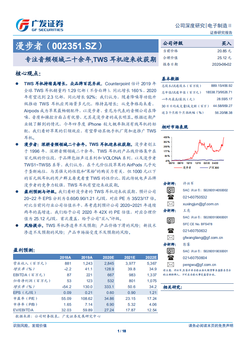 漫步者-专注音频领域二十余年，TWS耳机迎来收获期-200602.pdf 第1页