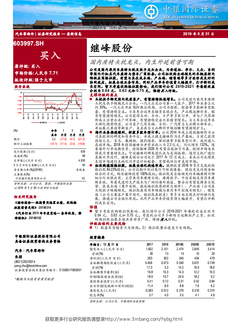 继峰股份-国内座椅头枕龙头，内生外延前景可期-190531.pdf 第1页