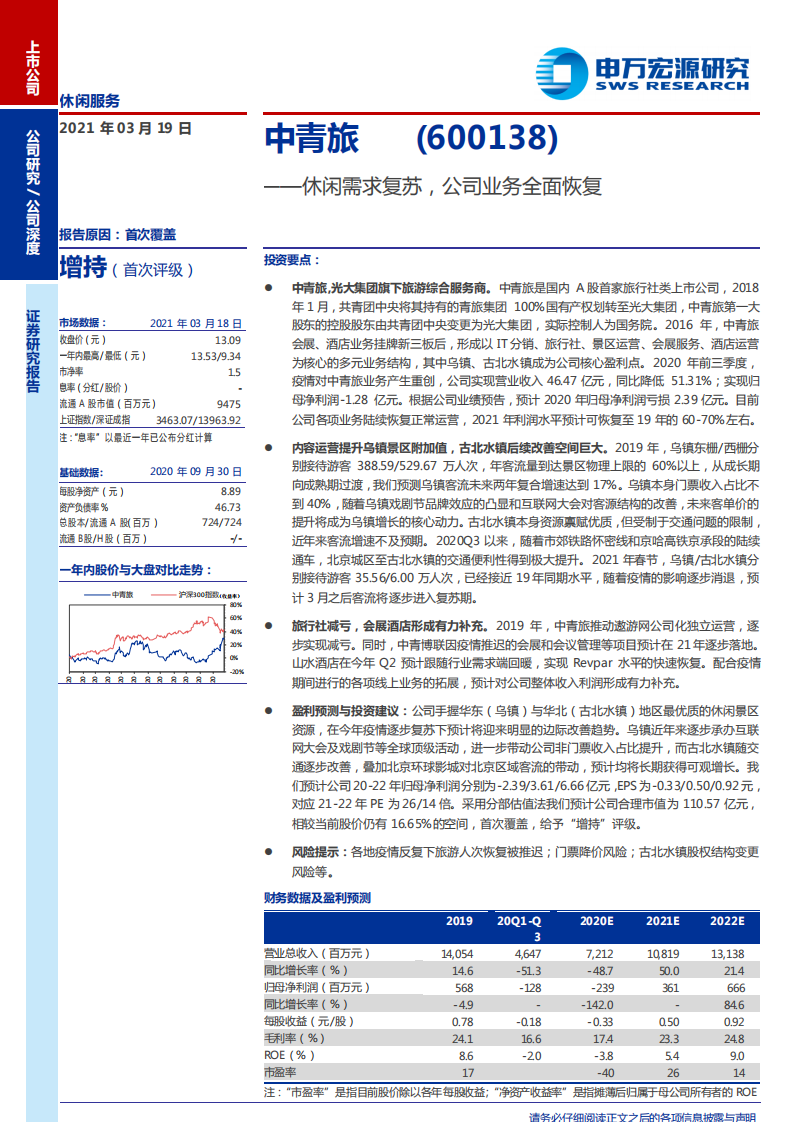 中青旅-休闲需求复苏，公司业务全面恢复-210319.pdf 第1页