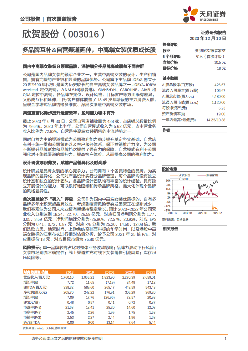 欣贺股份-多品牌互补&自营渠道延伸，中高端女装优质成长股-2020201210.pdf 第1页