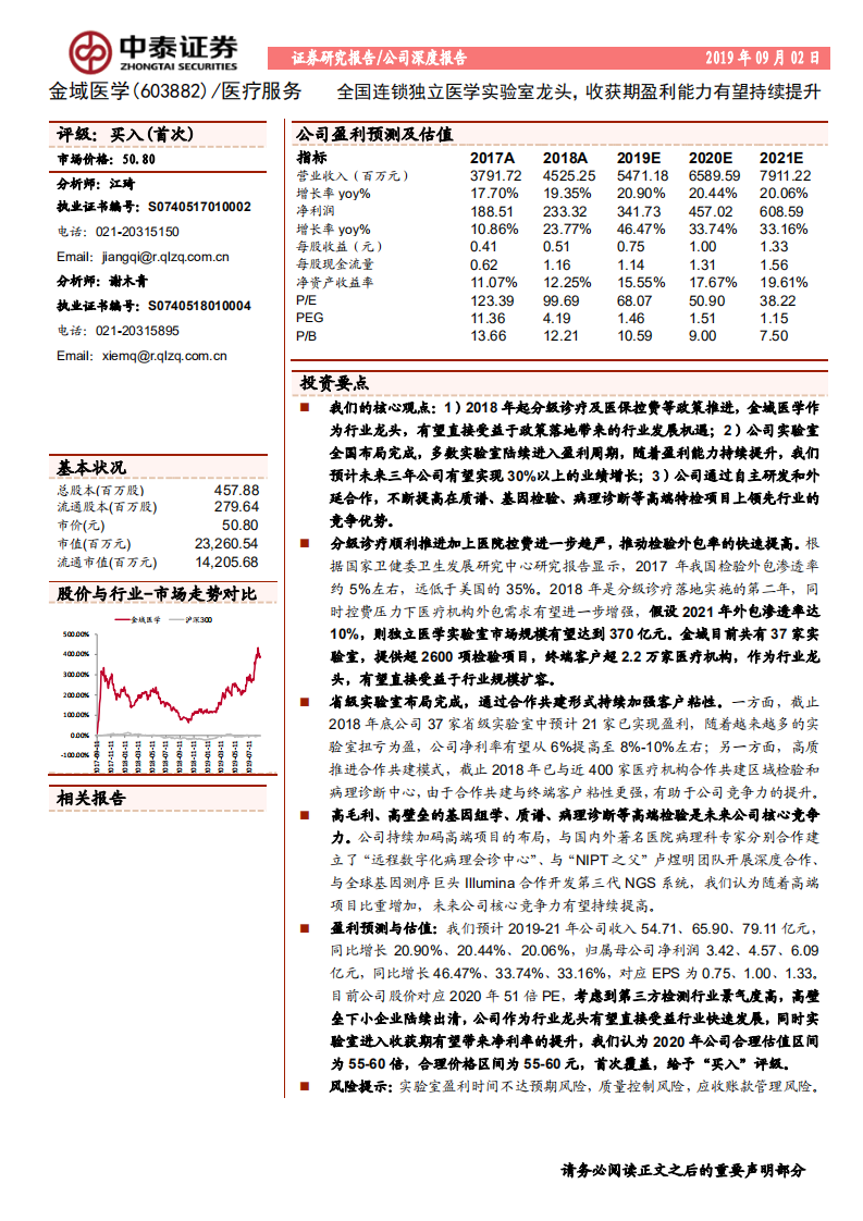 金域医学-全国连锁独立医学实验室龙头，收获期盈利能力有望持续提升-190902.pdf 第1页