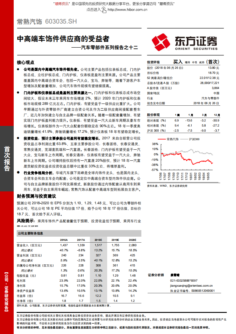 常熟汽饰-603035-汽车零部件系列报告之十二：中高端车饰件供应商的受益者.pdf 第1页