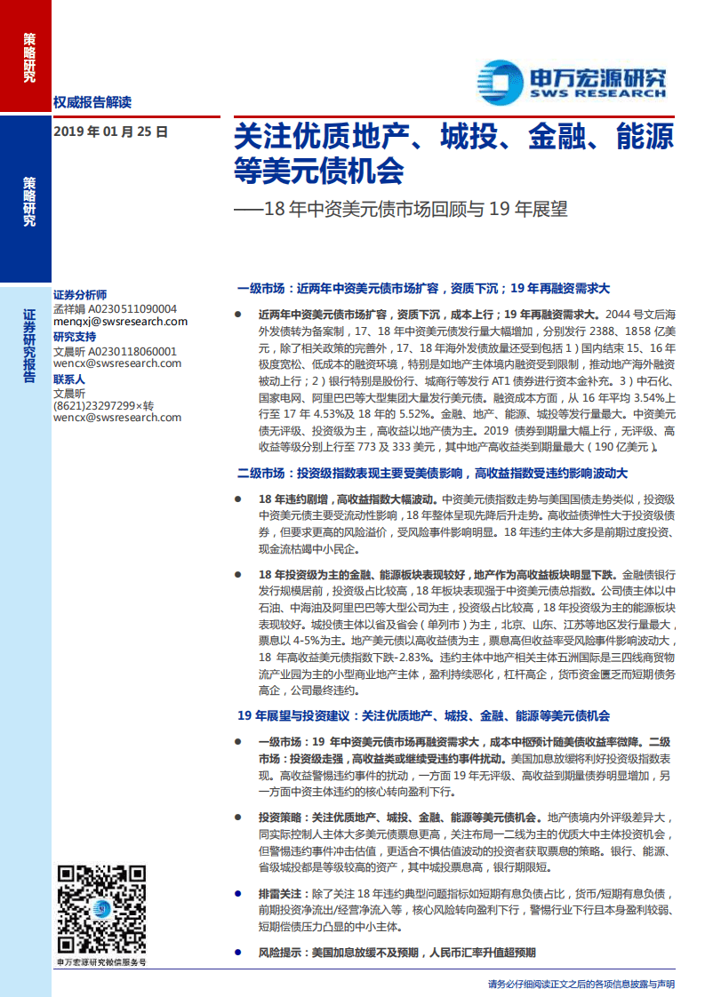 18年中资美元债市场回顾与19年展望：关注优质地产、城投、金融、能源等美元债机会.pdf 第1页