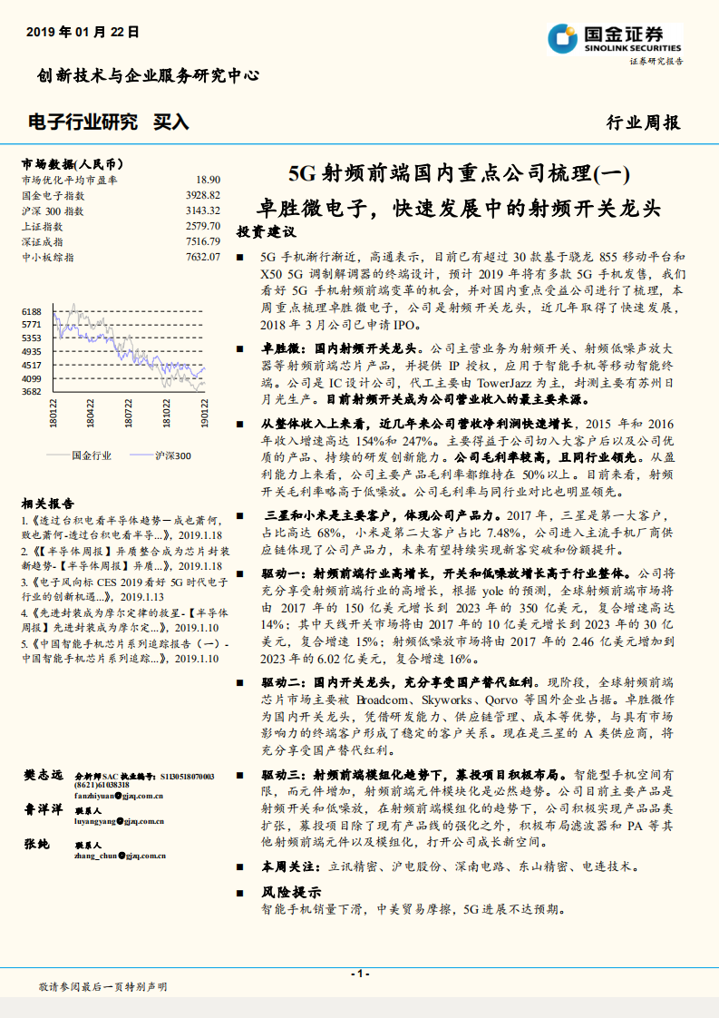 5G射频前端国内重点公司梳理(一)：卓胜微电子，快速发展中的射频开关龙头.pdf 第1页