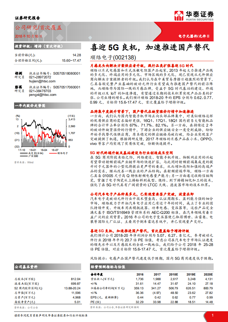 顺络电子深度研究：喜迎5G良机，加速推进国产替代-181016.pdf 第1页