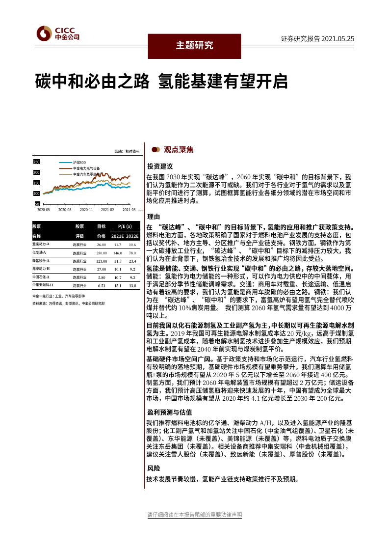 电力电气设备、汽车及零部件行业：碳中和必由之路，氢能基建有望开启-20210525.pdf 第1页