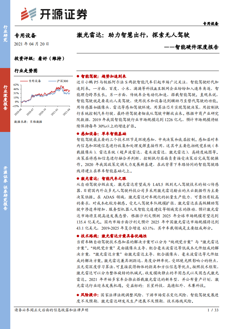 智能硬件深度报告：激光雷达-助力智慧出行，探索无人驾驶.pdf 第1页