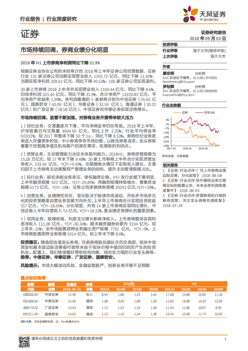 证券行业深度研究：市场持续回调，券商业绩分化明显.pdf 第1页