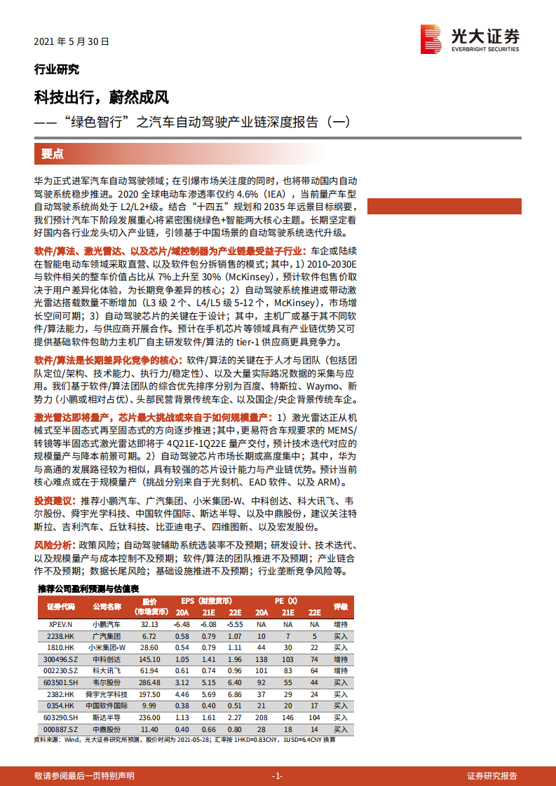 汽车和汽车零部件行业&ldquo;绿色智行&rdquo;之汽车自动驾驶产业链深度报告（一）：科技出行，蔚然成风-20210530.pdf 第1页