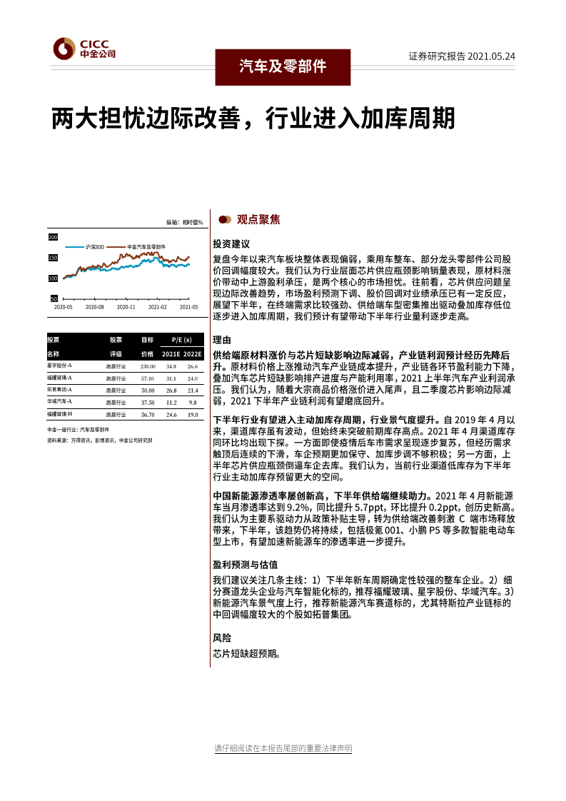 汽车及零部件行业：两大担忧边际改善，行业进入加库周期-20210524.pdf 第1页
