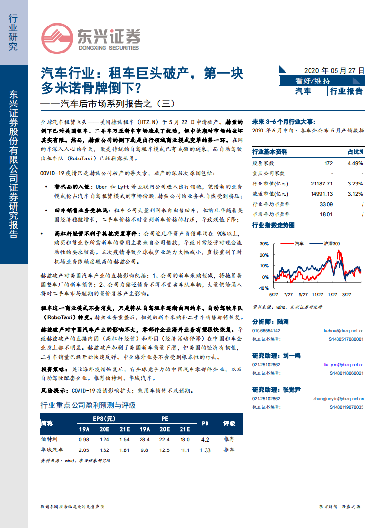 汽车后市场系列报告之（三）：汽车行业：租车巨头破产，第一块多米诺骨牌倒下？.pdf 第1页