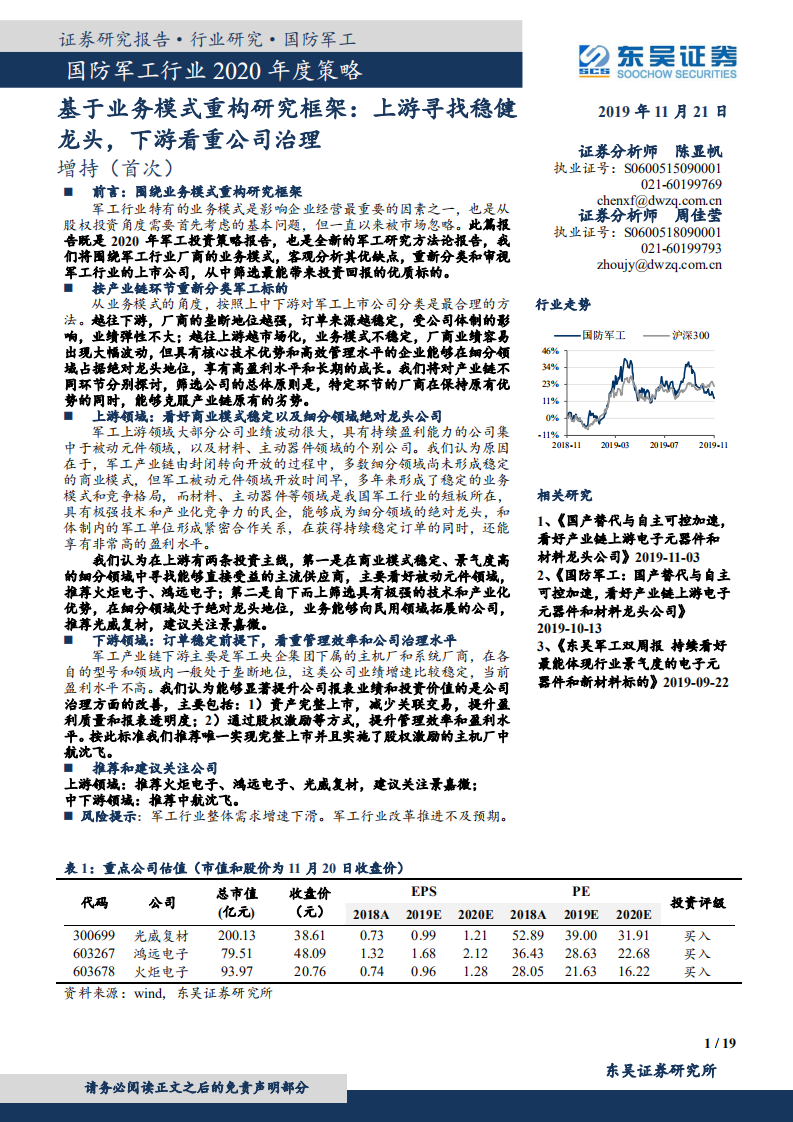 国防军工行业2020年度策略：基于业务模式重构研究框架：上游寻找稳健龙头，下游看重公司治理.pdf 第1页