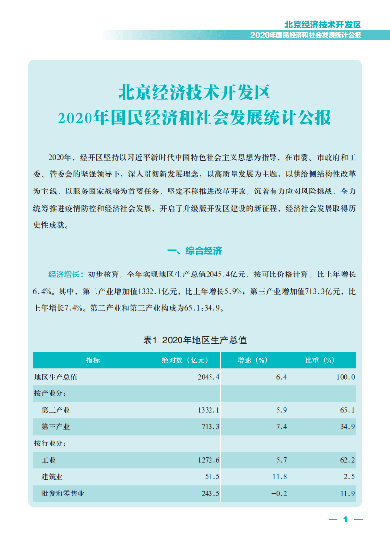 北京经济技术开发区2020年国民经济和社会发展统计公报.pdf 第1页