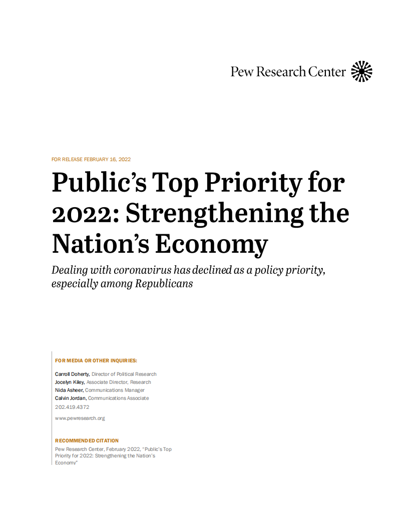 皮尤研究中心：2022年公众的首要任务：加强国家经济（英文版）.pdf 第1页