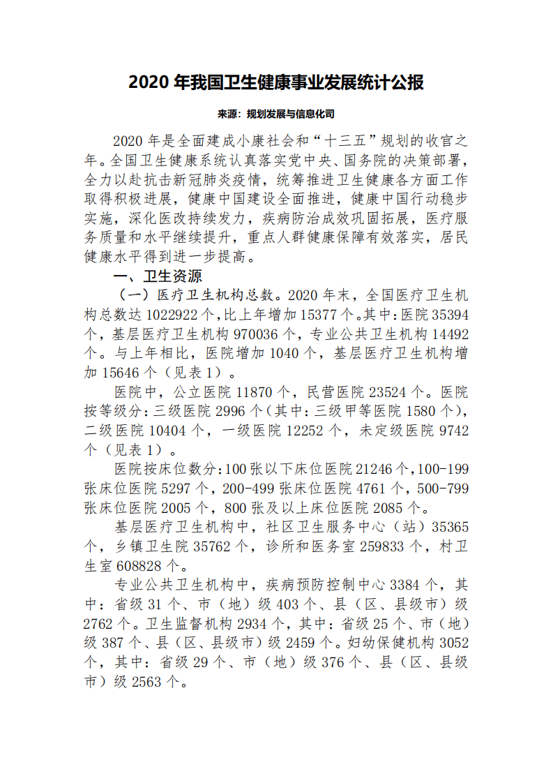 规划发展与信息化司：2020年我国卫生健康事业发展统计公报.pdf 第1页