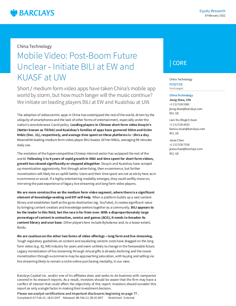 巴克莱：中国视频行业报告：繁荣后的未来尚不明朗（英文版）.pdf 第1页