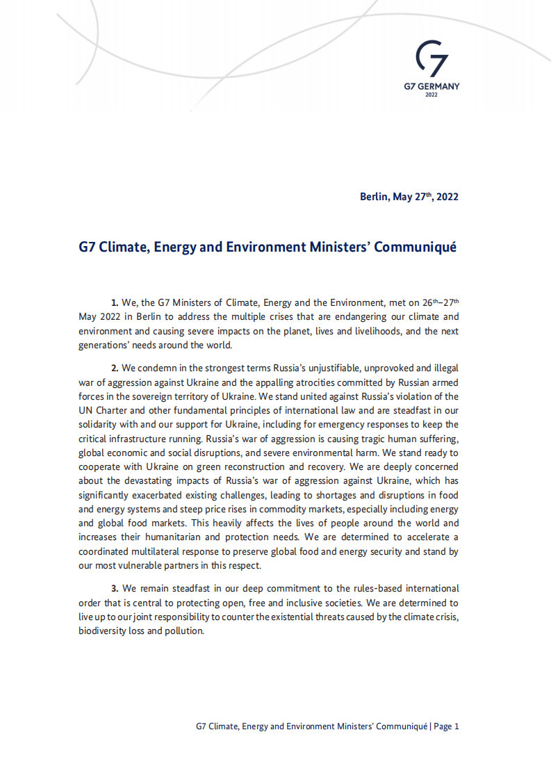 G7气候、能源和环境部长会议公报（2022年5月柏林）（英文版）.pdf 第1页