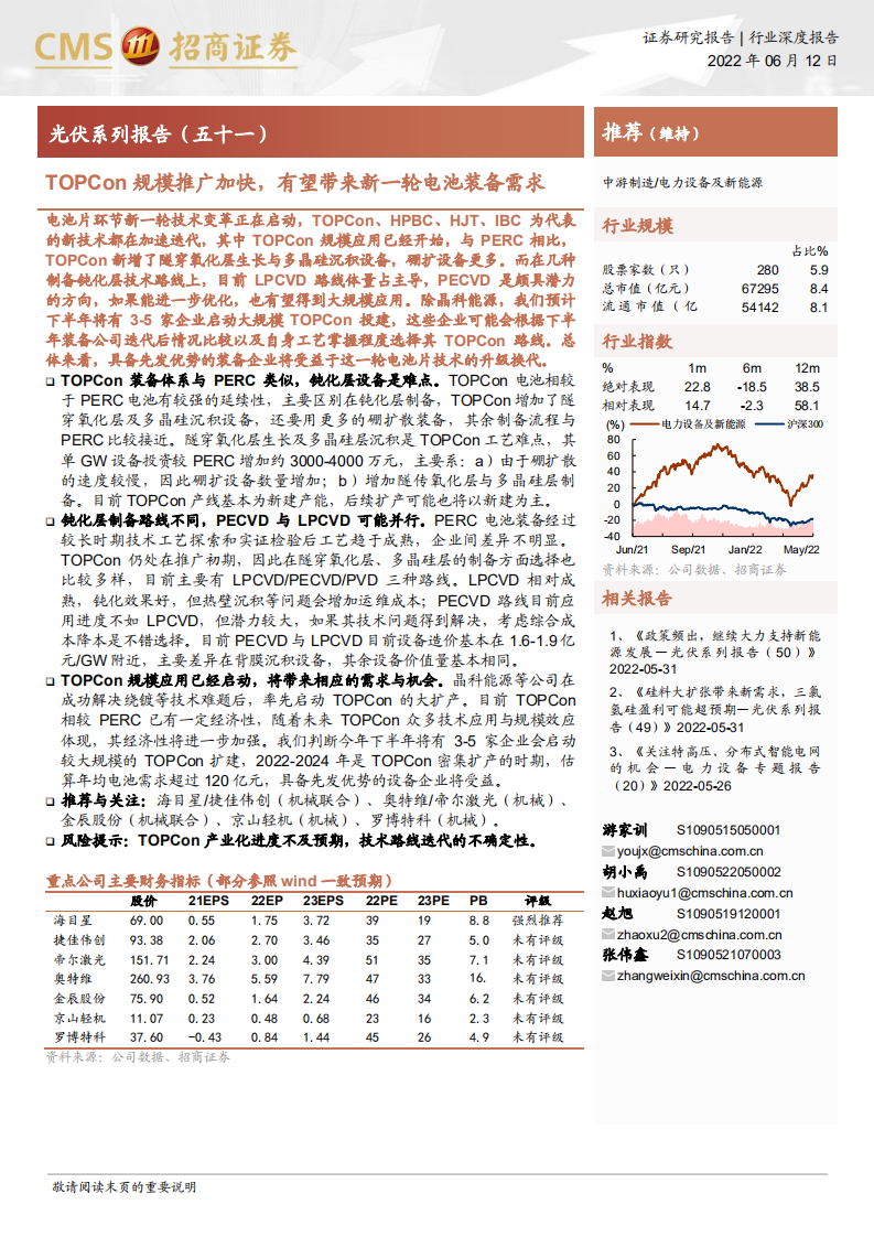 电力设备及新能源行业光伏系列报告：TOPCon规模推广加快，有望带来新一轮电池装备需求-220612.pdf 第1页