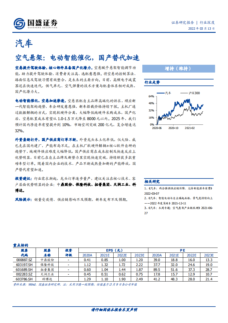 汽车行业深度：空气悬架，电动智能催化，国产替代加速-220313.pdf 第1页