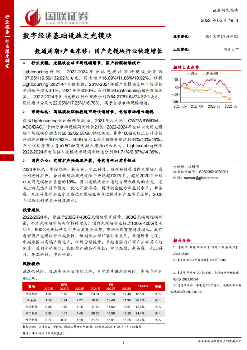 通信行业数字经济基础设施之光模块：数通周期+产业东移，国产光模块行业快速增长-220519.pdf 第1页