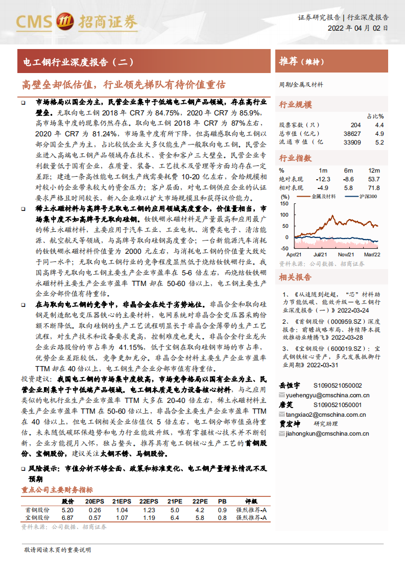电工钢行业深度报告（二）：高壁垒却低估值，行业领先梯队有待价值重估-220402.pdf 第1页