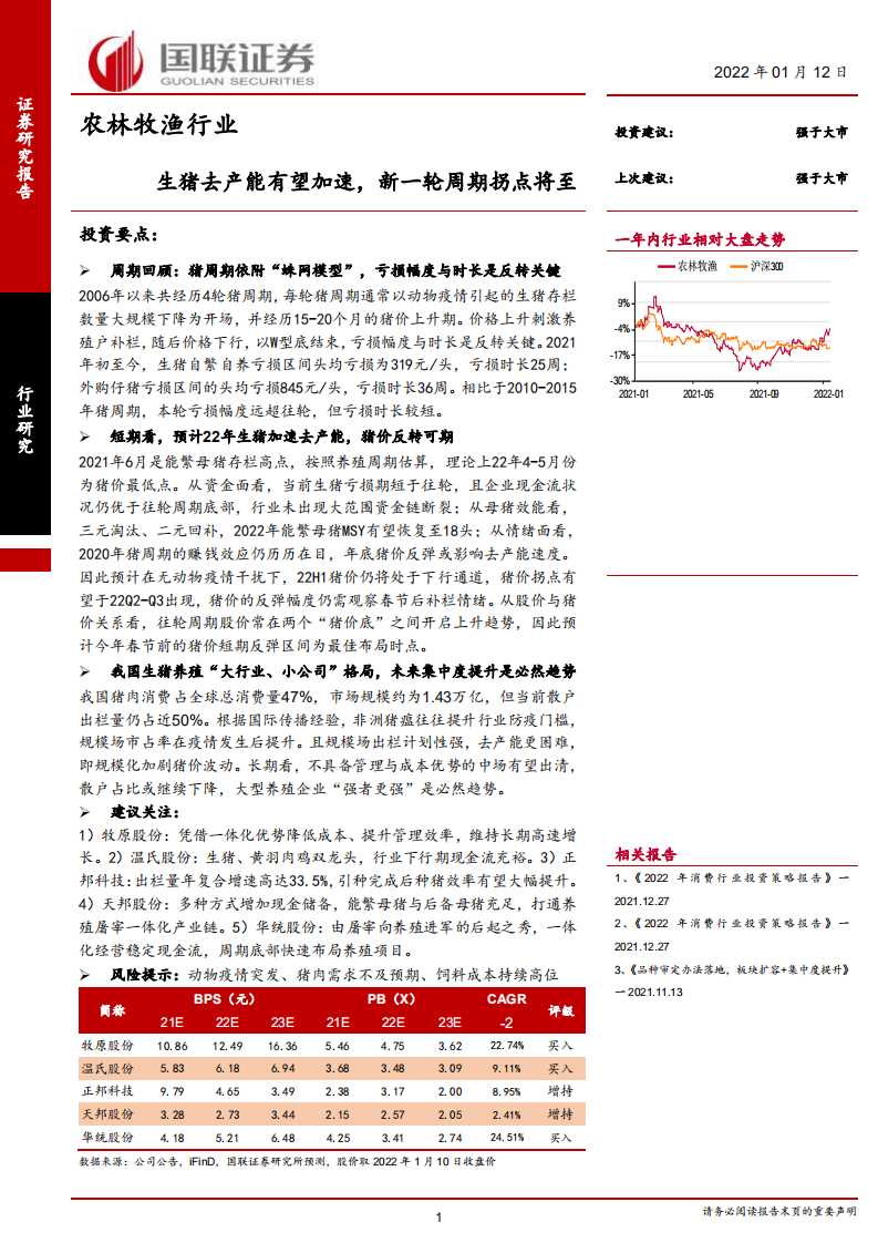 农林牧渔行业：生猪去产能有望加速，新一轮周期拐点将至 -220112 .pdf 第1页