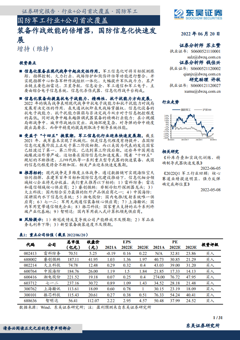 国防军工行业+公司首次覆盖：装备作战效能的倍增器，国防信息化快速发展-220620.pdf 第1页