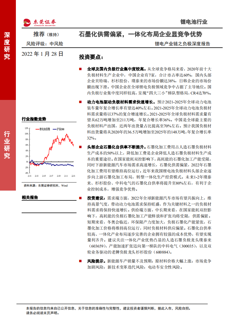 锂电池行业锂电产业链之负极深度报告：石墨化供需偏紧，一体化布局企业显竞争优势-20220128.pdf 第1页