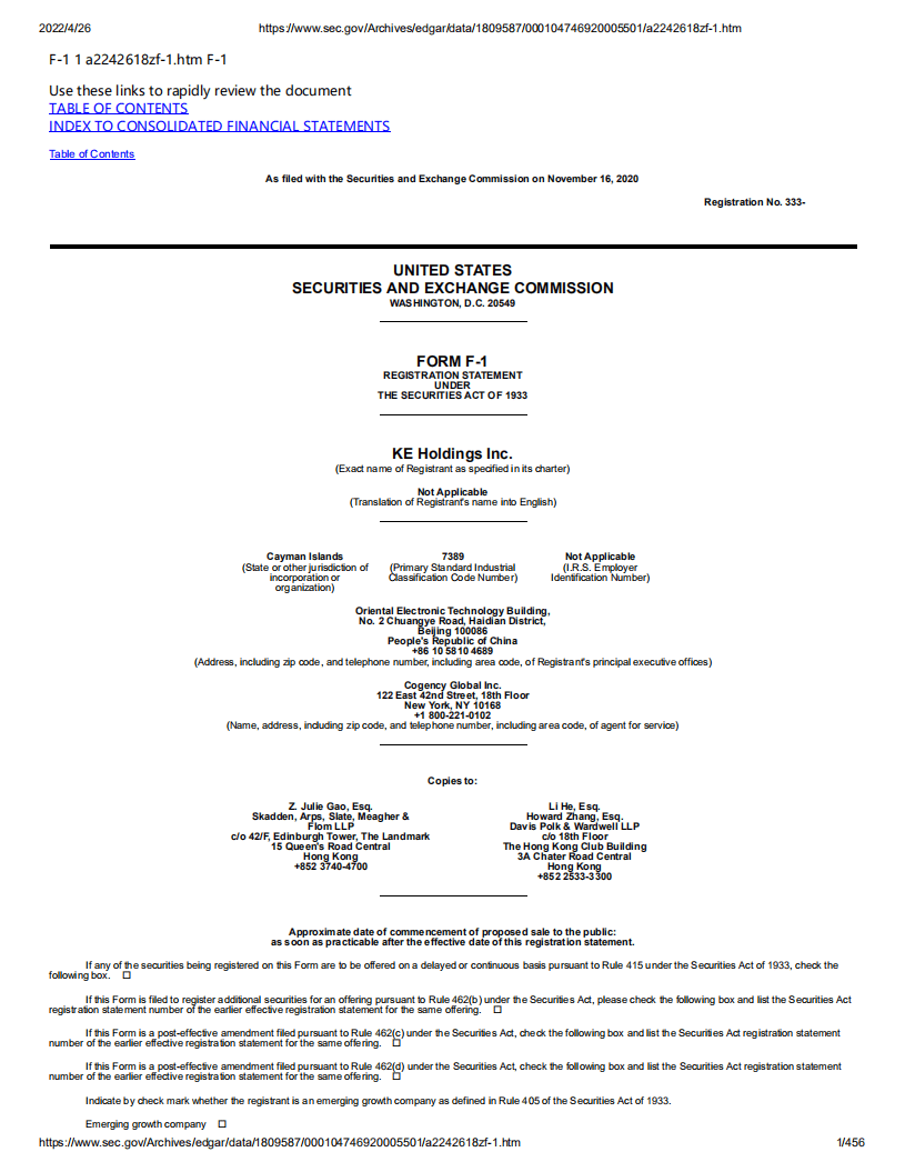 贝壳（BEKE）美股IPO招股说明书.pdf 第1页