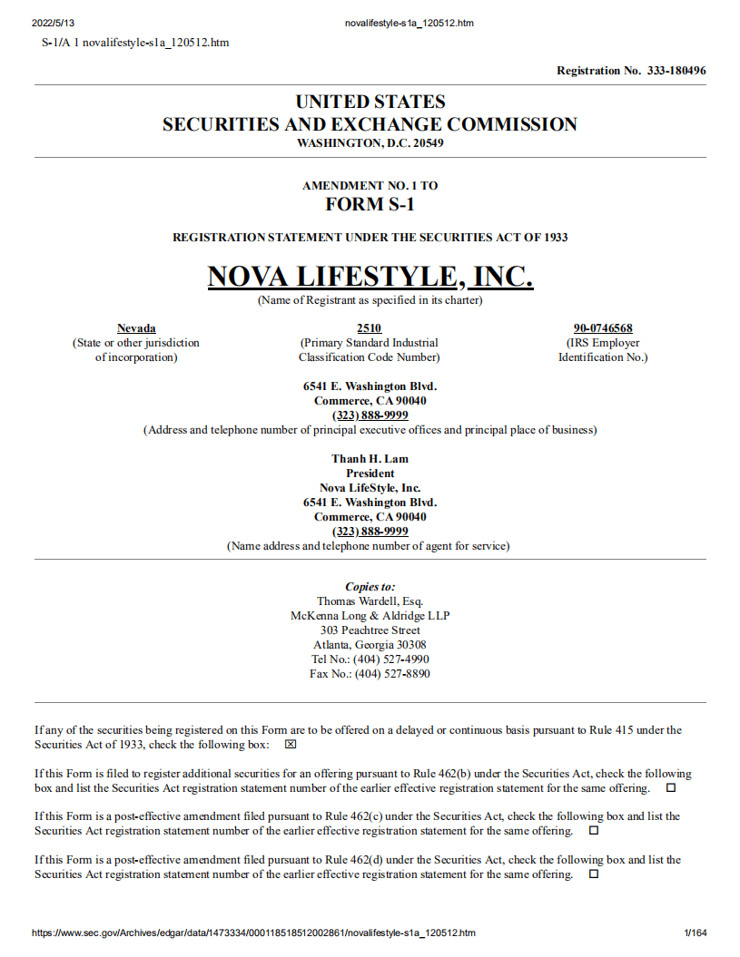 诺华家具（NVFY）美股IPO招股说明书（更新版）.pdf 第1页