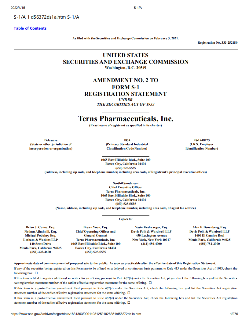 拓臻生物（TERN）美股IPO招股说明书（更新版）.pdf 第1页