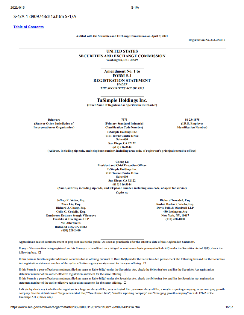 图森未来（TSP）美股IPO招股说明书（更新版）.pdf 第1页