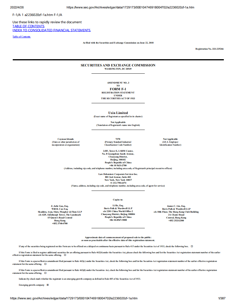 优信（UXIN）美股IPO招股说明书（更新版）.pdf 第1页