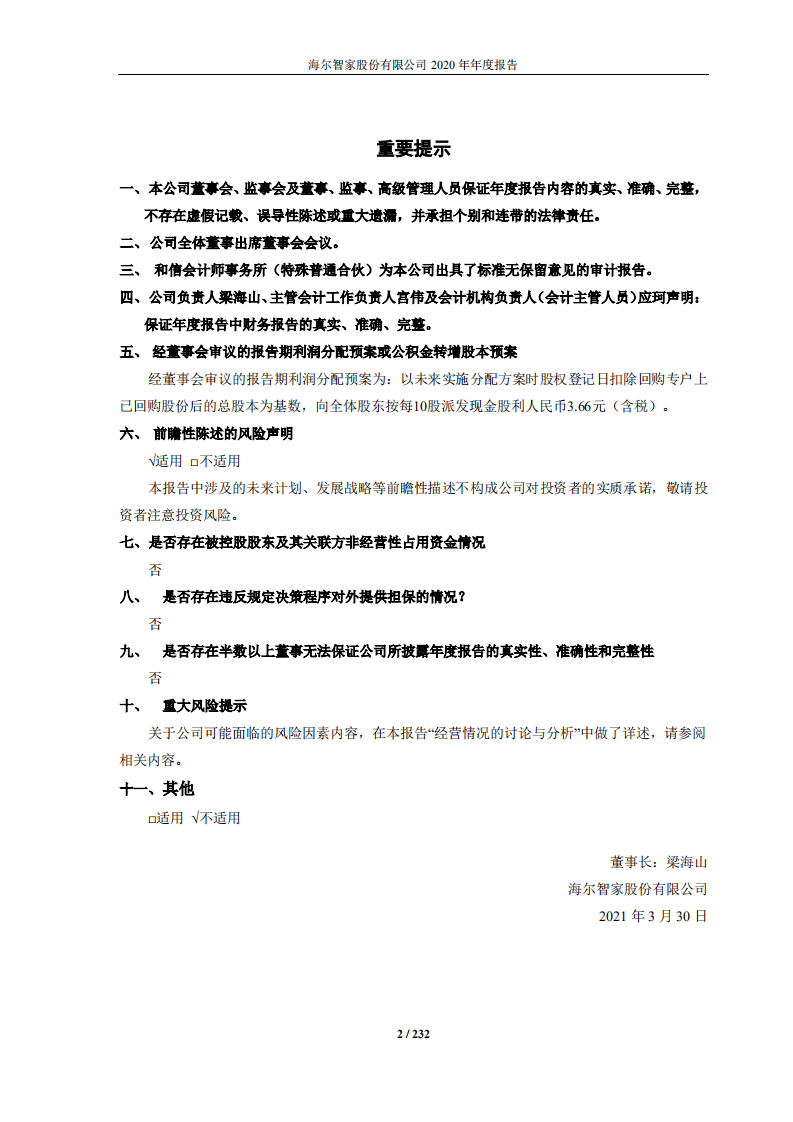 海尔股份有限公司2020年年度报告.PDF 第2页