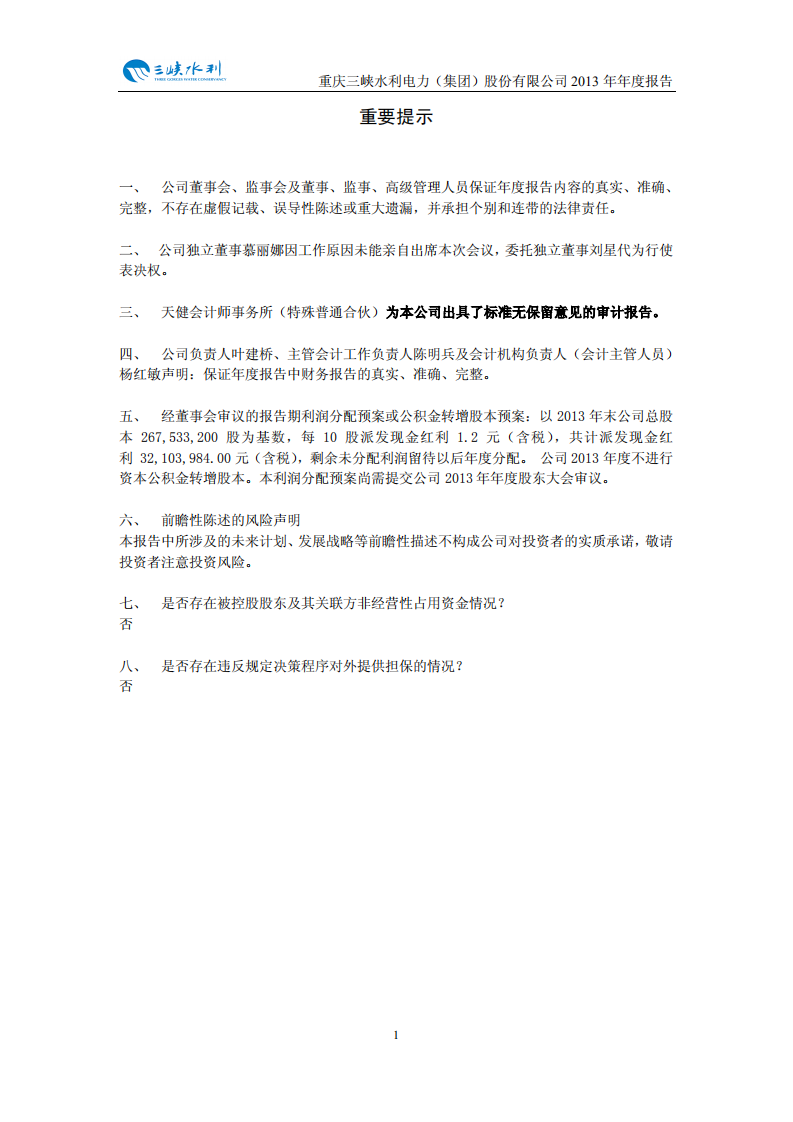 重庆三峡水利电力（集团）股份有限公司2013年年度报告.PDF 第2页