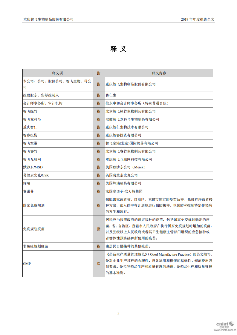 重庆智飞生物制品股份有限公司2019年年度报告.PDF 第5页