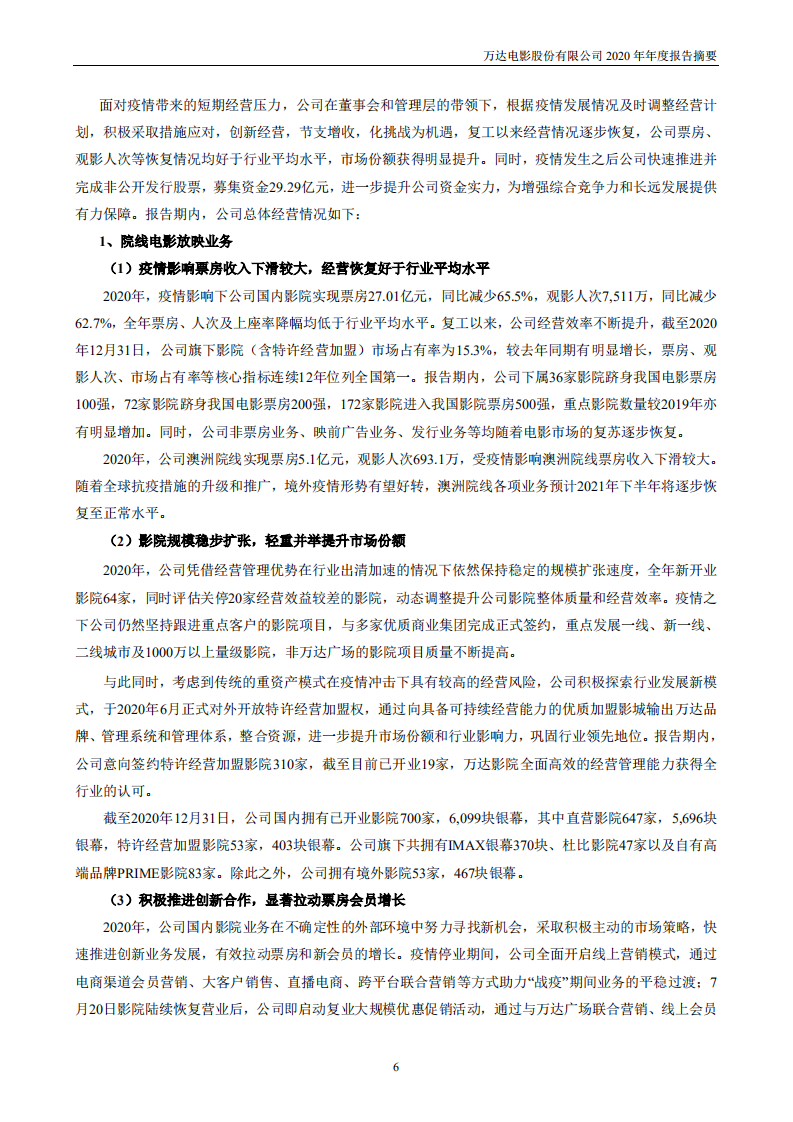 万达电影股份有限公司2020年年度报告摘要.PDF 第6页