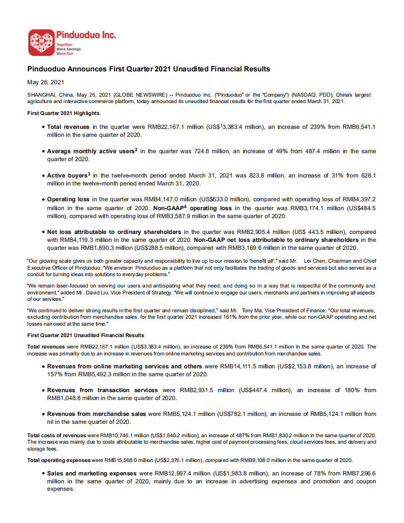 拼多多（PDD）2021年第一季度业绩报告-财报（英文版）.pdf 第1页