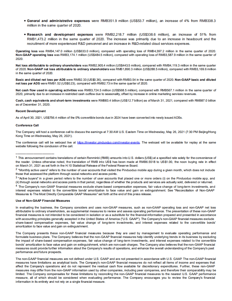 拼多多（PDD）2021年第一季度业绩报告-财报（英文版）.pdf 第2页