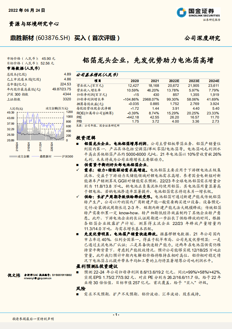 鼎胜新材-铝箔龙头企业，先发优势助力电池箔高增-220624.pdf 第1页
