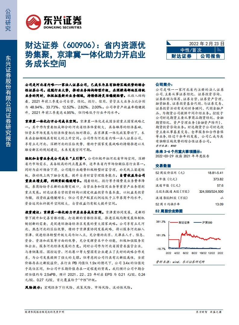 财达证券-省内资源优势集聚，京津冀一体化助力开启业务成长空间-220223.pdf 第1页