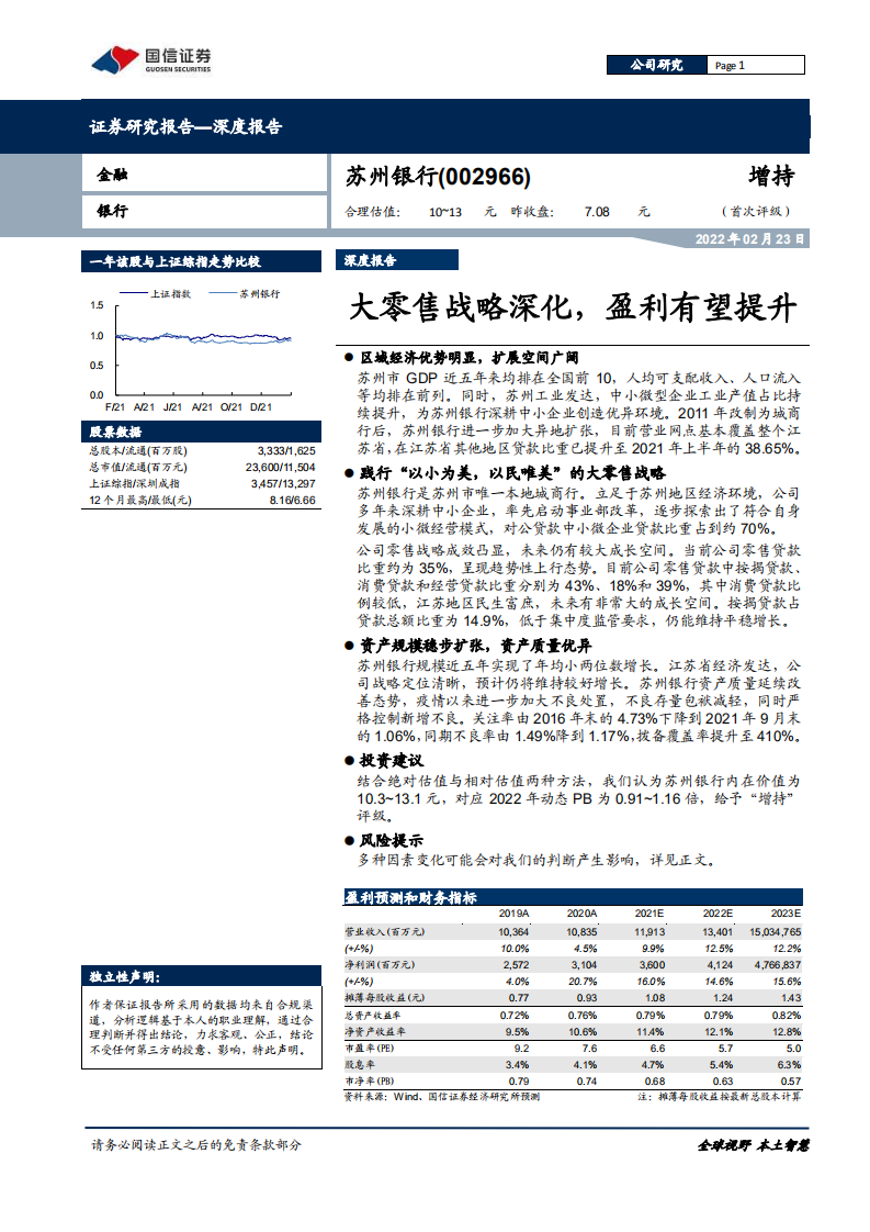 苏州银行-大零售战略深化，盈利有望提升-220223.pdf 第1页