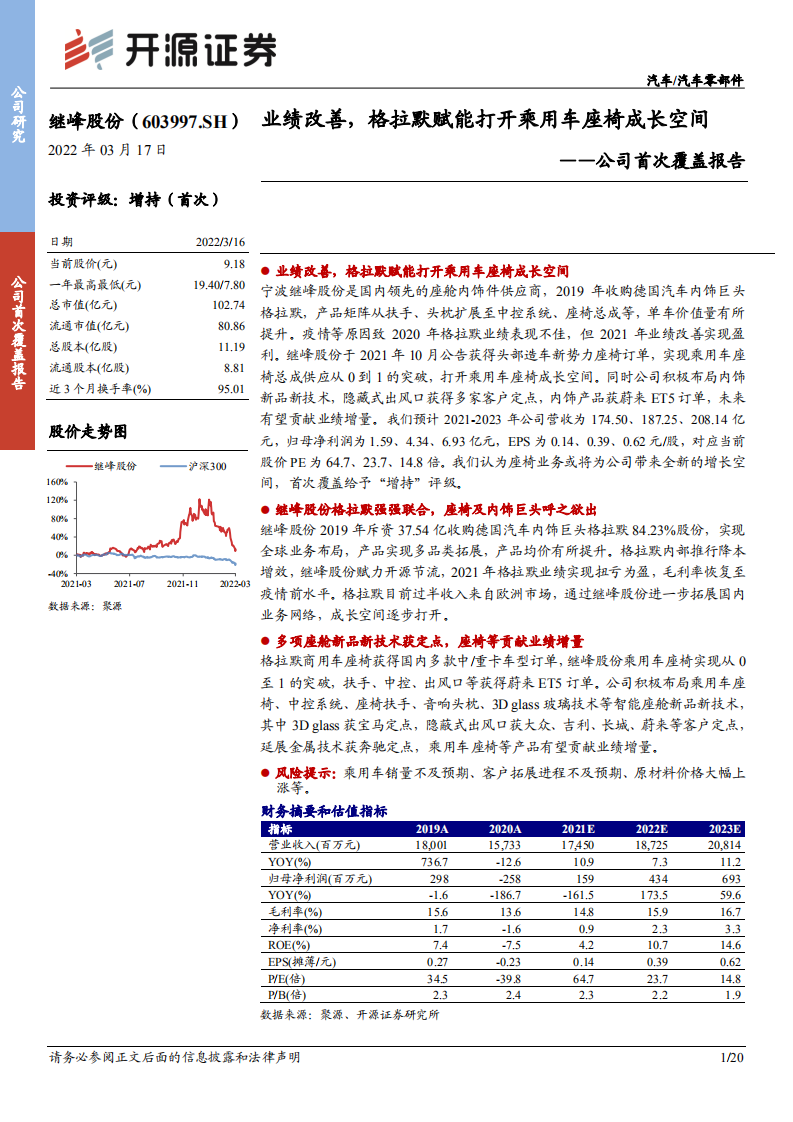 继峰股份-公司首次覆盖报告：业绩改善，格拉默赋能打开乘用车座椅成长空间-20220317.pdf 第1页